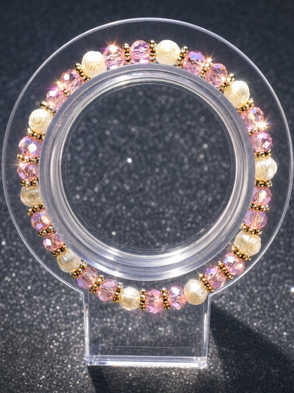 Handmade 6.5" Austrian Pink Crystal & Rose White Stretch Bracelet